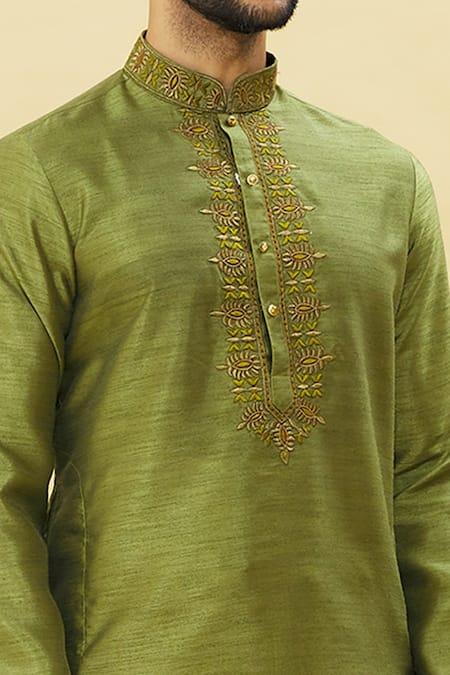 Shop_Arihant Rai Sinha_Green Silk Embroidery Floral Placket Kurta Patiala Set _Online_at_Aza_Fashions