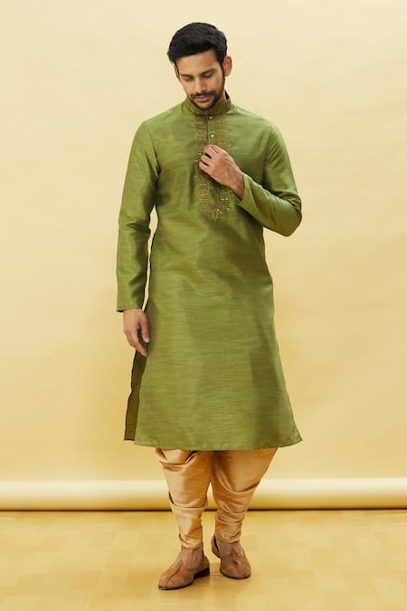 Arihant Rai Sinha_Green Silk Embroidery Floral Placket Kurta Patiala Set _at_Aza_Fashions