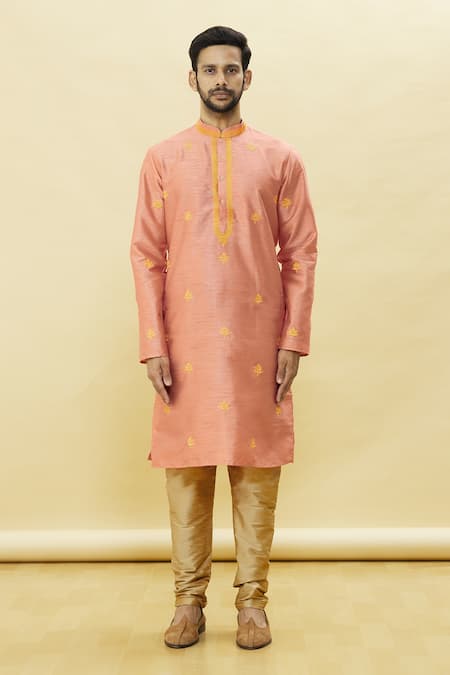 Arihant Rai Sinha_Orange Silk Embroidery Floral Booti Kurta Churidar Set_Online_at_Aza_Fashions