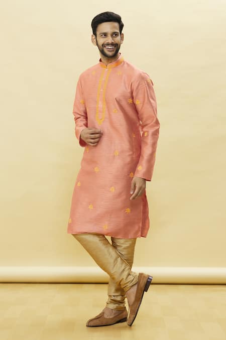 Buy_Arihant Rai Sinha_Orange Silk Embroidery Floral Booti Kurta Churidar Set_Online_at_Aza_Fashions