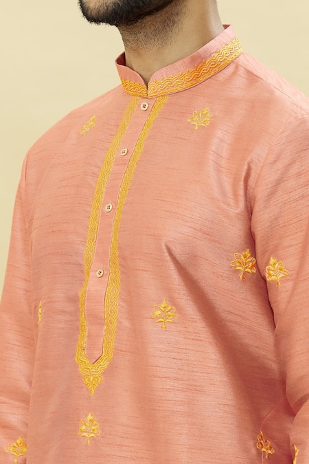 Shop_Arihant Rai Sinha_Orange Silk Embroidery Floral Booti Kurta Churidar Set_Online_at_Aza_Fashions