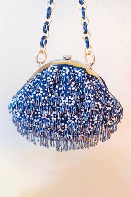 Buy Ara Studio Blue Embellished Glass Beads Clutch at Aza Fashions Buy_Ara Studio_Blue Embellished Glass Beads Clutch_at_Aza_Fashions