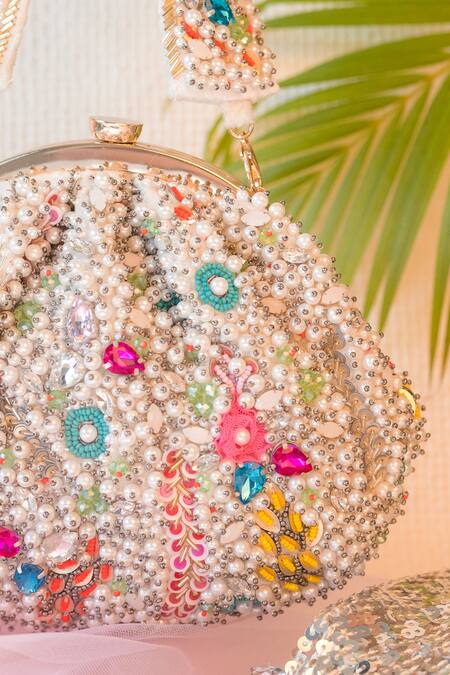 Ara Studio_Multi Color Embellished Pearls Clutch_Online_at_Aza_Fashions