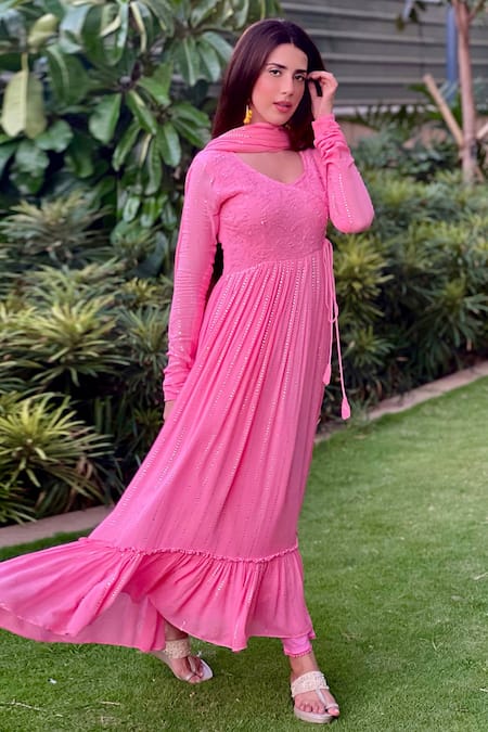 Shop LABEL AISHWARYRIKA Pink Georgette Embroidery Round Neck Hand Angrakha Anarkali Set at Aza Fashions Shop_LABEL AISHWARYRIKA_Pink Georgette Embroidery Round Neck Hand Angrakha Anarkali Set _at_Aza_Fashions