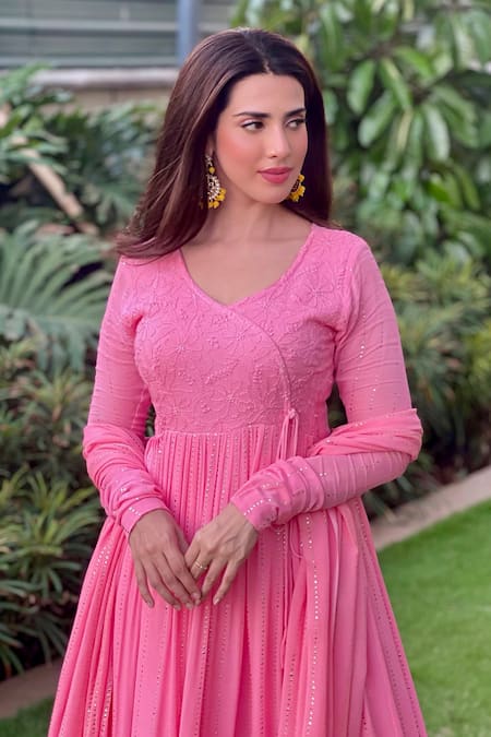 LABEL AISHWARYRIKA Pink Georgette Embroidery Round Neck Hand Angrakha Anarkali Set Online at Aza Fashions LABEL AISHWARYRIKA_Pink Georgette Embroidery Round Neck Hand Angrakha Anarkali Set _Online_at_Aza_Fashions