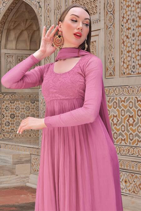LABEL AISHWARYRIKA_Purple Georgette Embroidery Round Neck Athena Hand Anarkali _Online_at_Aza_Fashions