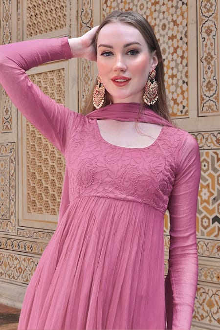 LABEL AISHWARYRIKA Purple Georgette Embroidery Round Neck Athena Hand Anarkali Set Online at Aza Fashions LABEL AISHWARYRIKA_Purple Georgette Embroidery Round Neck Athena Hand Anarkali Set _Online_at_Aza_Fashions