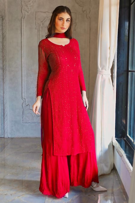 LABEL AISHWARYRIKA Red Georgette Hand Embroidered Chikankari Round Kurta Palazzo Set 