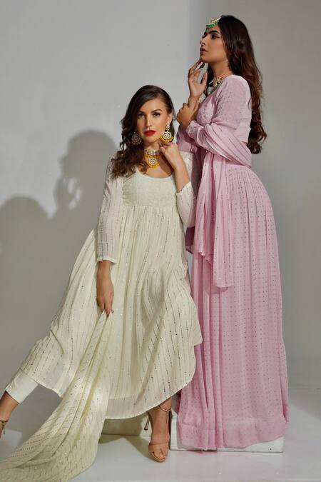 Buy LABEL AISHWARYRIKA Beige Georgette Embroidery Round Neck Chikankari Work Kurta Pant Set Online at Aza Fashions Buy_LABEL AISHWARYRIKA_Beige Georgette Embroidery Round Neck Chikankari Work Kurta Pant Set _Online_at_Aza_Fashions