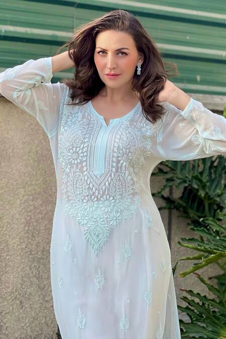 Buy_LABEL AISHWARYRIKA_Blue Georgette Embroidery Round Neck Chikankari Kurta _Online_at_Aza_Fashions