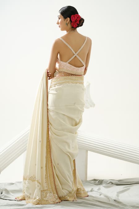 Tamaraa By Tahani_Gold Silk Tissue Embroidery Sequin Melisma Placement Saree With Blouse _Online_at_Aza_Fashions