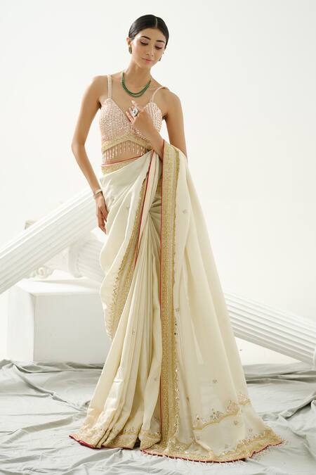 Buy_Tamaraa By Tahani_Gold Silk Tissue Embroidery Sequin Melisma Placement Saree With Blouse _Online_at_Aza_Fashions