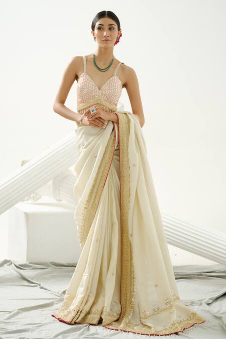 Shop_Tamaraa By Tahani_Gold Silk Tissue Embroidery Sequin Melisma Placement Saree With Blouse _Online_at_Aza_Fashions