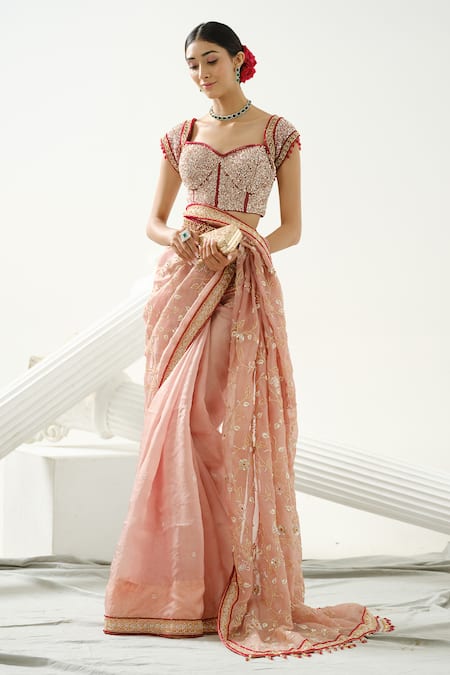 Tamaraa By Tahani Brown Organza Embroidery Sequin Sweetheart Neck Viola Floral Saree With Blouse 