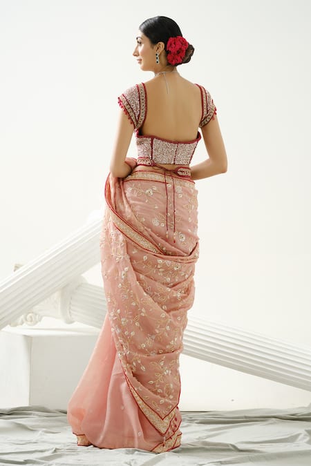 Tamaraa By Tahani_Brown Organza Embroidery Sequin Sweetheart Neck Viola Floral Saree With Blouse _Online_at_Aza_Fashions