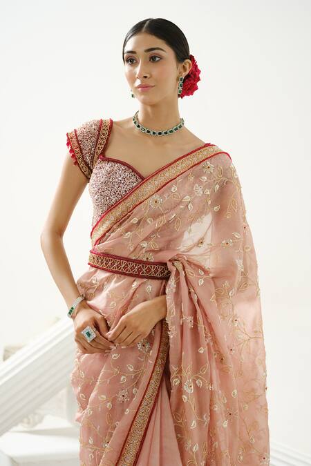 Buy_Tamaraa By Tahani_Brown Organza Embroidery Sequin Sweetheart Neck Viola Floral Saree With Blouse _Online_at_Aza_Fashions