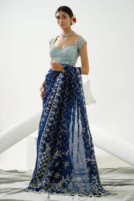 Buy_Tamaraa By Tahani_Blue Organza Embroidery Sequin Sweetheart Neck Melody Flower Saree With Blouse _Online_at_Aza_Fashions