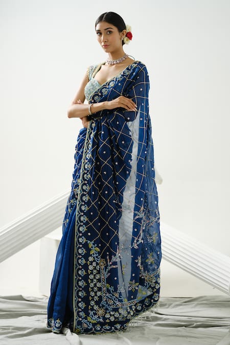 Shop_Tamaraa By Tahani_Blue Organza Embroidery Sequin Sweetheart Neck Melody Flower Saree With Blouse _Online_at_Aza_Fashions