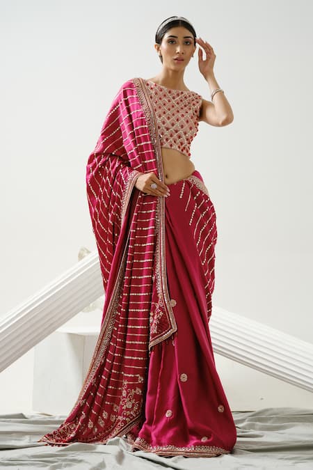 Tamaraa By Tahani Pink Satin Silk Embroidery Sequin Boat Harmony Linear Pattern Saree With Blouse 