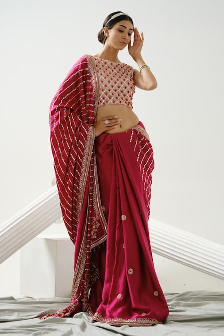 Buy_Tamaraa By Tahani_Pink Satin Silk Embroidery Sequin Boat Harmony Linear Pattern Saree With Blouse _Online_at_Aza_Fashions