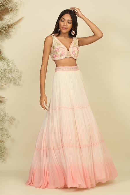 Priyanka Jain_Ivory Silk, Georgette Sequins, Pearls, Enchanted Embroidered Blouse Lehenga Set _Online_at_Aza_Fashions