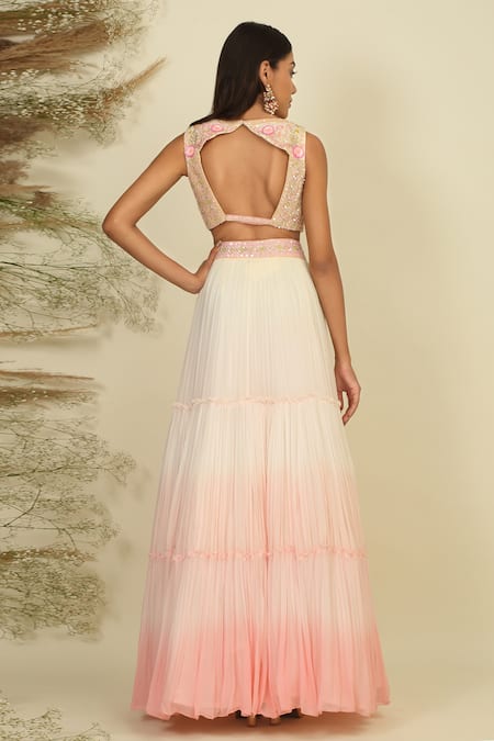 Buy_Priyanka Jain_Ivory Silk, Georgette Sequins, Pearls, Enchanted Embroidered Blouse Lehenga Set _Online_at_Aza_Fashions