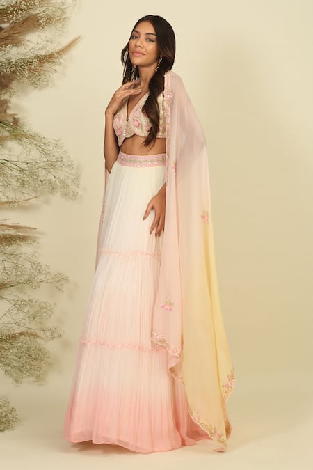 Priyanka Jain_Ivory Silk, Georgette Sequins, Pearls, Enchanted Embroidered Blouse Lehenga Set _at_Aza_Fashions