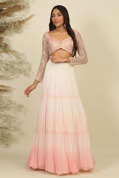 Priyanka Jain_Ivory Silk, Georgette Sequins, Pearls, Sunset Serenade Blouse Lehenga Set _Online_at_Aza_Fashions