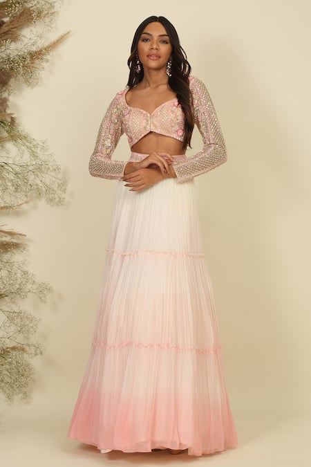 Buy_Priyanka Jain_Ivory Silk, Georgette Sequins, Pearls, Sunset Serenade Blouse Lehenga Set _Online_at_Aza_Fashions
