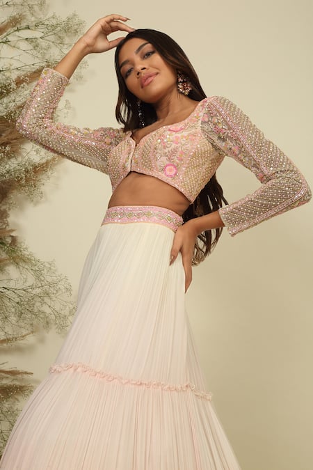 Shop_Priyanka Jain_Ivory Silk, Georgette Sequins, Pearls, Sunset Serenade Blouse Lehenga Set _Online_at_Aza_Fashions