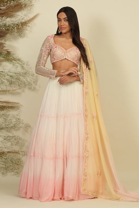Priyanka Jain_Ivory Silk, Georgette Sequins, Pearls, Sunset Serenade Blouse Lehenga Set _at_Aza_Fashions
