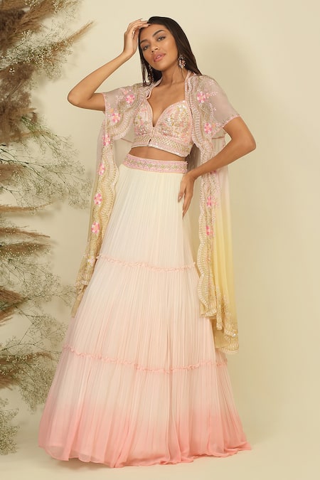 Priyanka Jain Enchanted Ombre Embroidered Cape Lehenga Set 