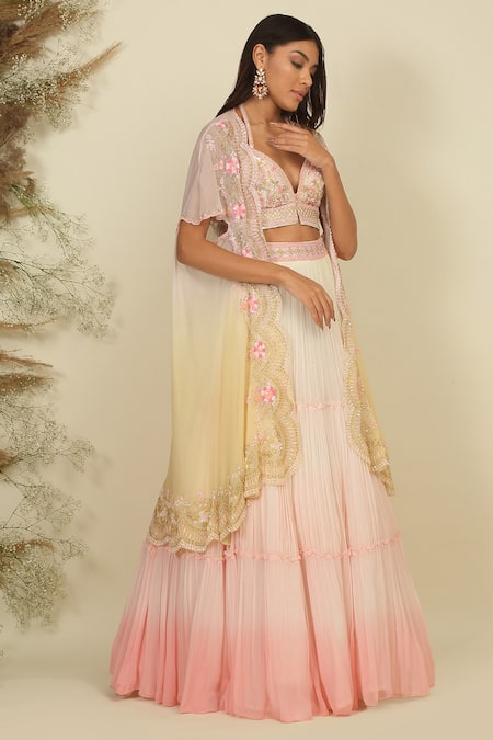 Shop_Priyanka Jain_Ivory Silk, Georgette Pearls, Enchanted Ombre Embroidered Cape Lehenga Set _Online_at_Aza_Fashions