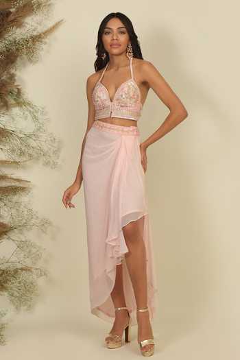 Priyanka Jain_Pink Silk, Georgette Pearls, Sequins, Serene Ombre Embroidered Cape Skirt Set _Online_at_Aza_Fashions