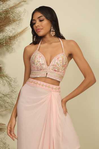 Buy_Priyanka Jain_Pink Silk, Georgette Pearls, Sequins, Serene Ombre Embroidered Cape Skirt Set _Online_at_Aza_Fashions