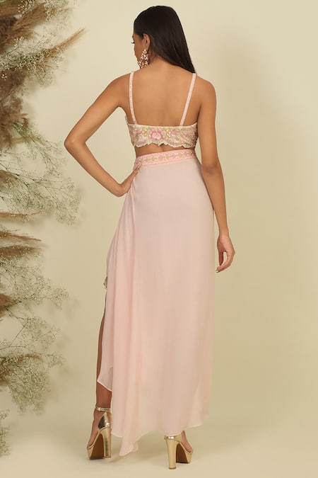 Buy_Priyanka Jain_Pink Silk, Georgette, Linen Sequins, Beads, Ombre Embroidered Cape Skirt Set _Online_at_Aza_Fashions