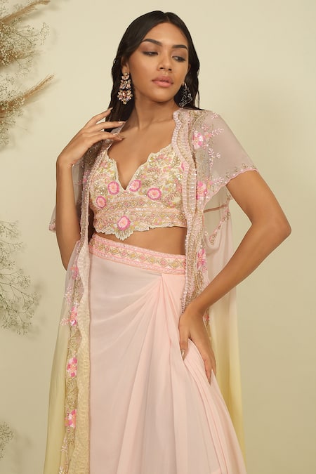 Priyanka Jain_Pink Silk, Georgette, Linen Sequins, Beads, Ombre Embroidered Cape Skirt Set _at_Aza_Fashions