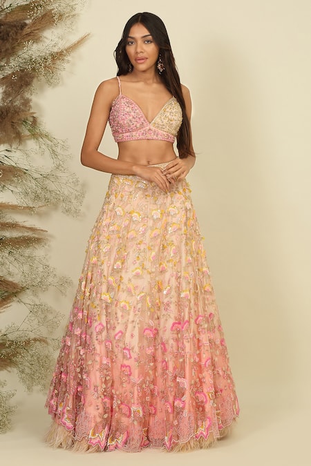 Priyanka Jain_Pink Silk, Net, Linen Whispering Petals Embroidered Blouse Bridal Lehenga Set _Online_at_Aza_Fashions