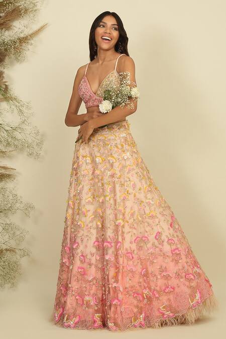 Buy_Priyanka Jain_Pink Silk, Net, Linen Whispering Petals Embroidered Blouse Bridal Lehenga Set _Online_at_Aza_Fashions
