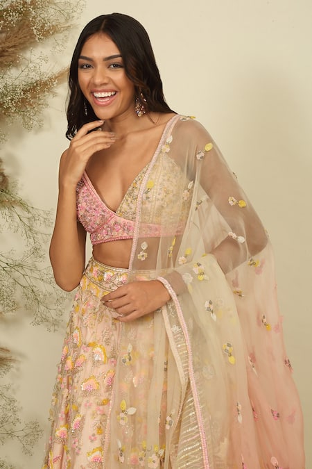 Shop_Priyanka Jain_Pink Silk, Net, Linen Whispering Petals Embroidered Blouse Bridal Lehenga Set _Online_at_Aza_Fashions