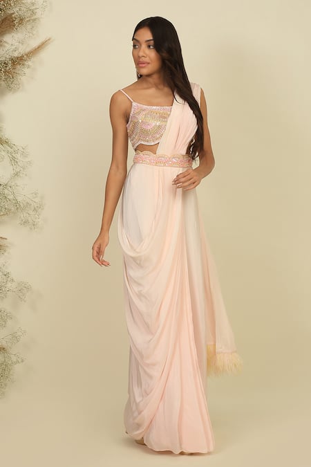 Priyanka Jain_Pink Silk, Linen Pearls, Sequins, Pre-draped Saree With Embroidered Blouse _Online_at_Aza_Fashions