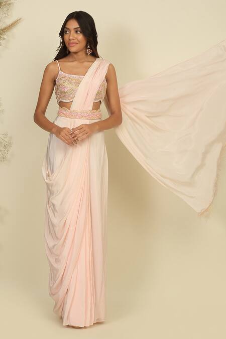 Buy_Priyanka Jain_Pink Silk, Linen Pearls, Sequins, Pre-draped Saree With Embroidered Blouse _Online_at_Aza_Fashions