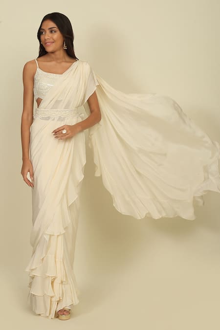 Buy_Priyanka Jain_Ivory Silk, Linen Sequins, Beads, Pearls, Ruffle Pre-draped Saree With Blouse _Online_at_Aza_Fashions