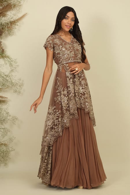 Priyanka Jain_Brown Net, Georgette, Linen Whimsical Symphony Embroidered Jacket And Lehenga Set _Online_at_Aza_Fashions