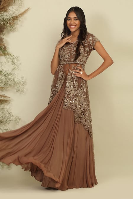 Buy_Priyanka Jain_Brown Net, Georgette, Linen Whimsical Symphony Embroidered Jacket And Lehenga Set _Online_at_Aza_Fashions