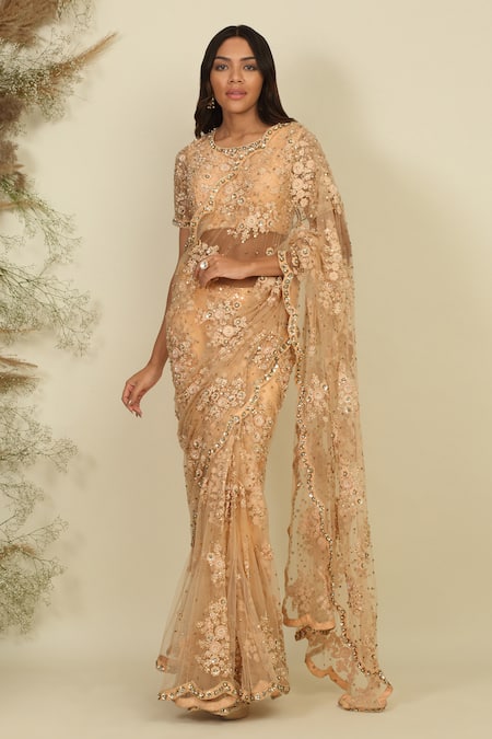 Priyanka Jain_Peach Net, Linen Enchanted Reverie Pre-stitched Saree Set With Head Dupatta _Online_at_Aza_Fashions