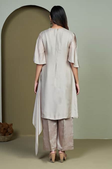 1999ad By Amita & Deepak Grey Satin, Organza Embroidery Round Neck Pinstripe Panel Kurta With Pant Online at Aza Fashions 1999ad By Amita & Deepak_Grey Satin, Organza Embroidery Round Neck Pinstripe Panel Kurta With Pant _Online_at_Aza_Fashions