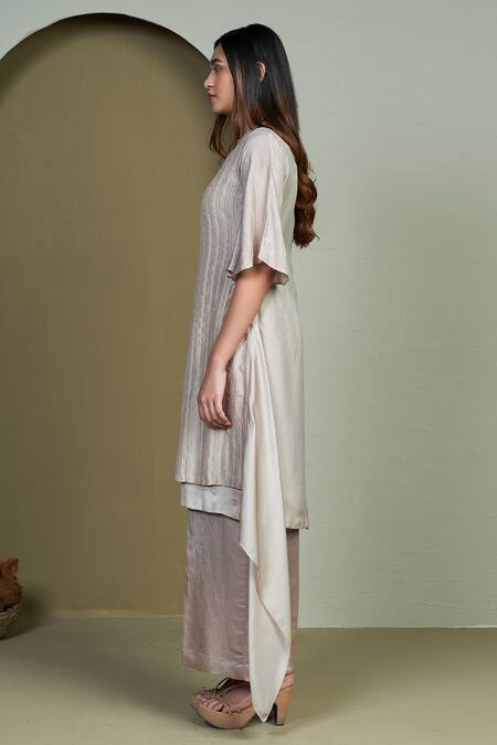 Shop 1999ad By Amita & Deepak Grey Satin, Organza Embroidery Round Neck Pinstripe Panel Kurta With Pant Online at Aza Fashions Shop_1999ad By Amita & Deepak_Grey Satin, Organza Embroidery Round Neck Pinstripe Panel Kurta With Pant _Online_at_Aza_Fashions