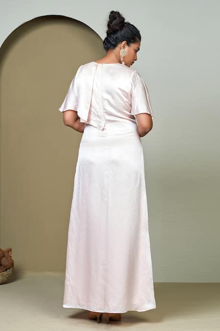 1999ad By Amita & Deepak Pink Linen, Satin Embroidery Round Neck Aicha Pleated Panel Gown Online at Aza Fashions 1999ad By Amita & Deepak_Pink Linen, Satin Embroidery Round Neck Aicha Pleated Panel Gown _Online_at_Aza_Fashions