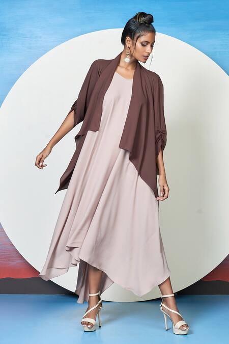 1999ad By Amita & Deepak Brown Georgette V-, Shawl Coco Flowy Dress With Jacket Online at Aza Fashions 1999ad By Amita & Deepak_Brown Georgette V-, Shawl Coco Flowy Dress With Jacket _Online_at_Aza_Fashions